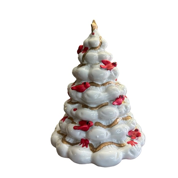 Vintage White Ceramic Christmas Tree Red Cardinals Gold Accents - Picture 1 of 5